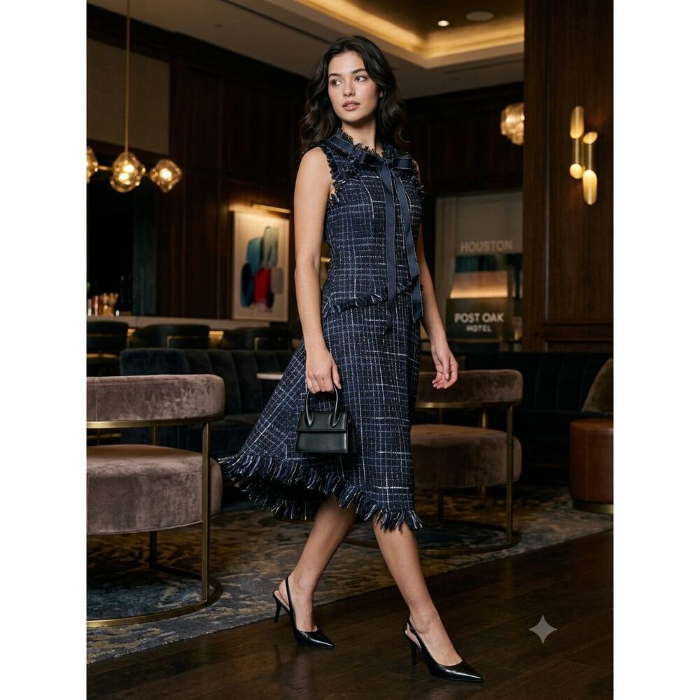Mereci Coquette Tweed Dress XS Navy Blue Metallic Gold Fringe Ribbon Clean Girl